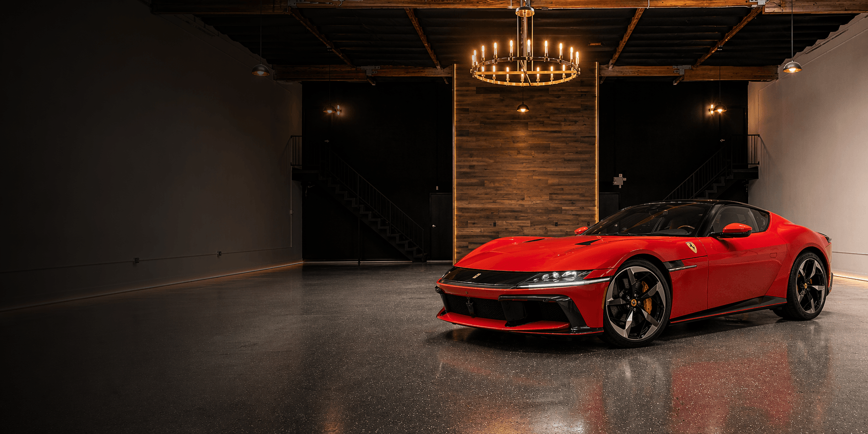 Red Ferrari inside the Canyon Exotic Motors private storage vault